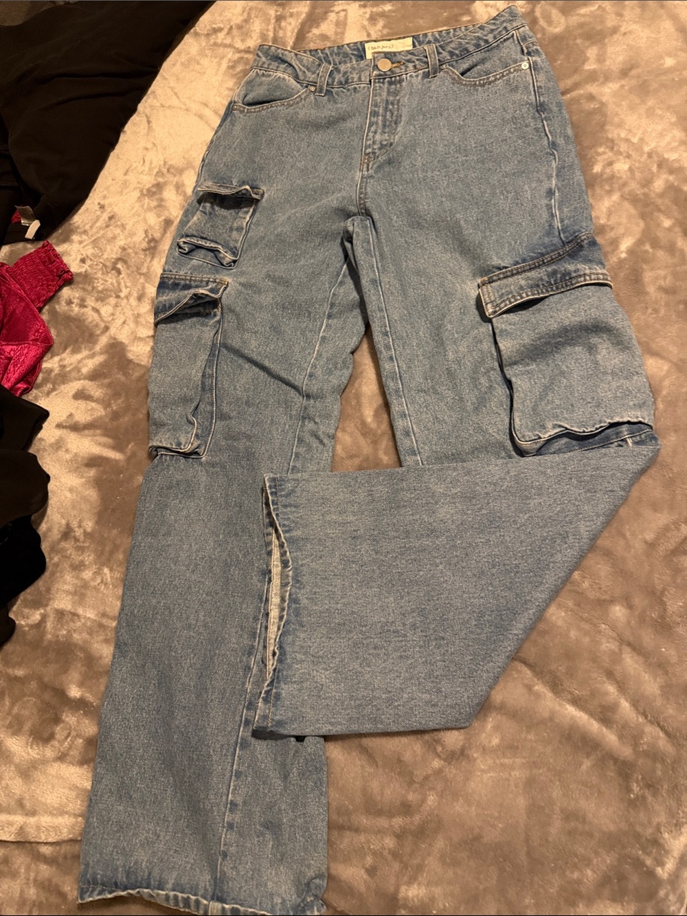 Light Blue Cargo Denim Jeans with Side Flap Pockets